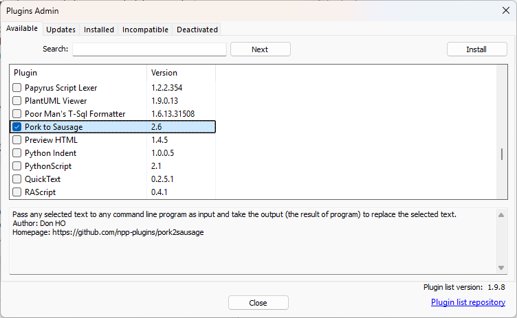Notepad++ 插件管理窗口：在「可用」列表勾选插件后点「安装」